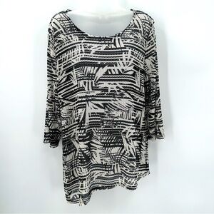3/$15 CHICOS Mesh Asymmetrical Tunic Chico Sz 2 L 12 Palm Design Stretch 3/4 Slv